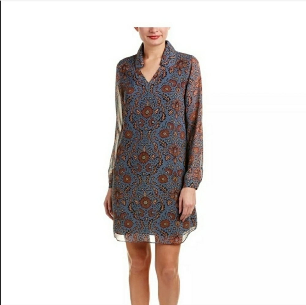 Cabi Provincial Dress Floral Blue Shirt Shift A-Line V-Neck Tunic Long Sleeve